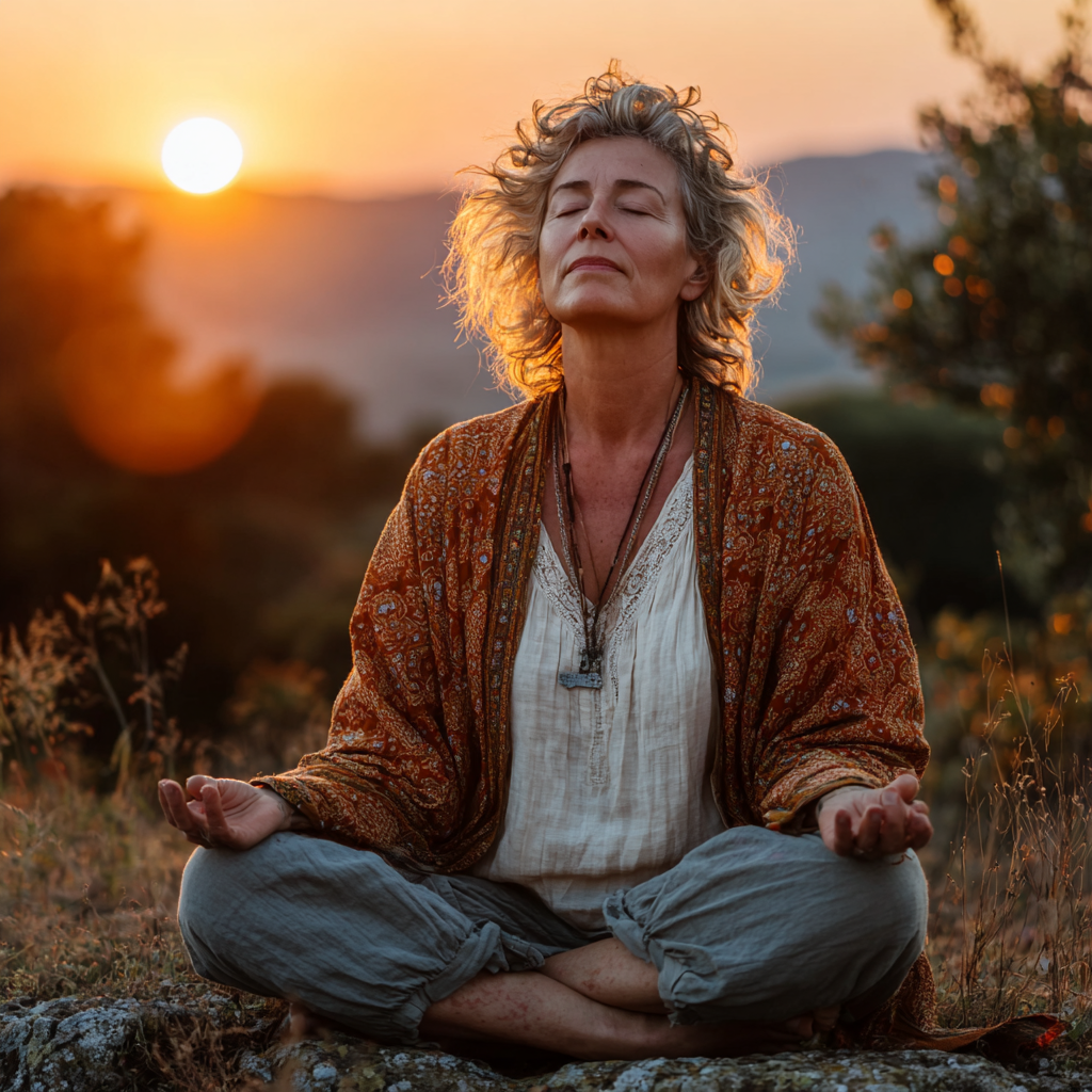 Mature woman in mid-fifties sitting in lotus meditation position outdoors in serene natural setting during golden hour