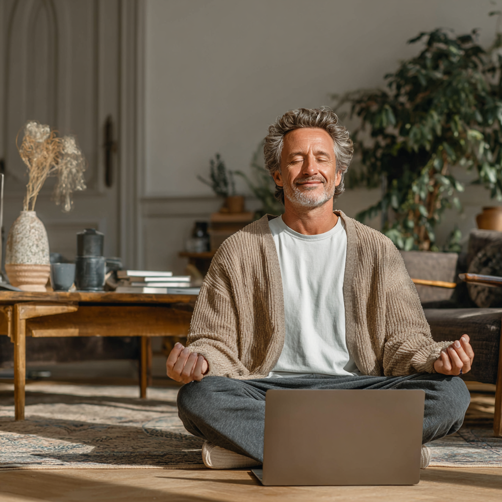 Smiling middle-aged man around 50 years old practicing yoga at home following online class on laptop in bright living room